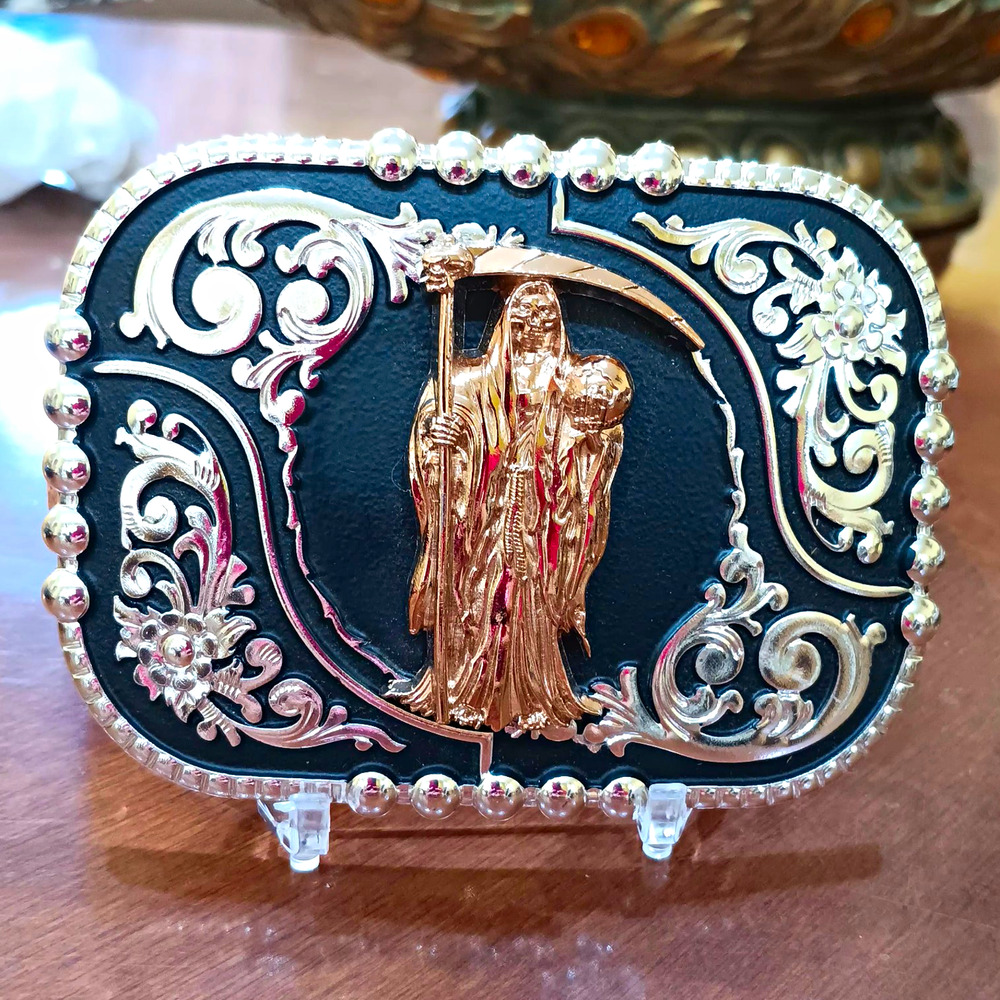 Western Americana Grim Reaper Belt Buckle Silver & Gold Tone Floral Scrollwork